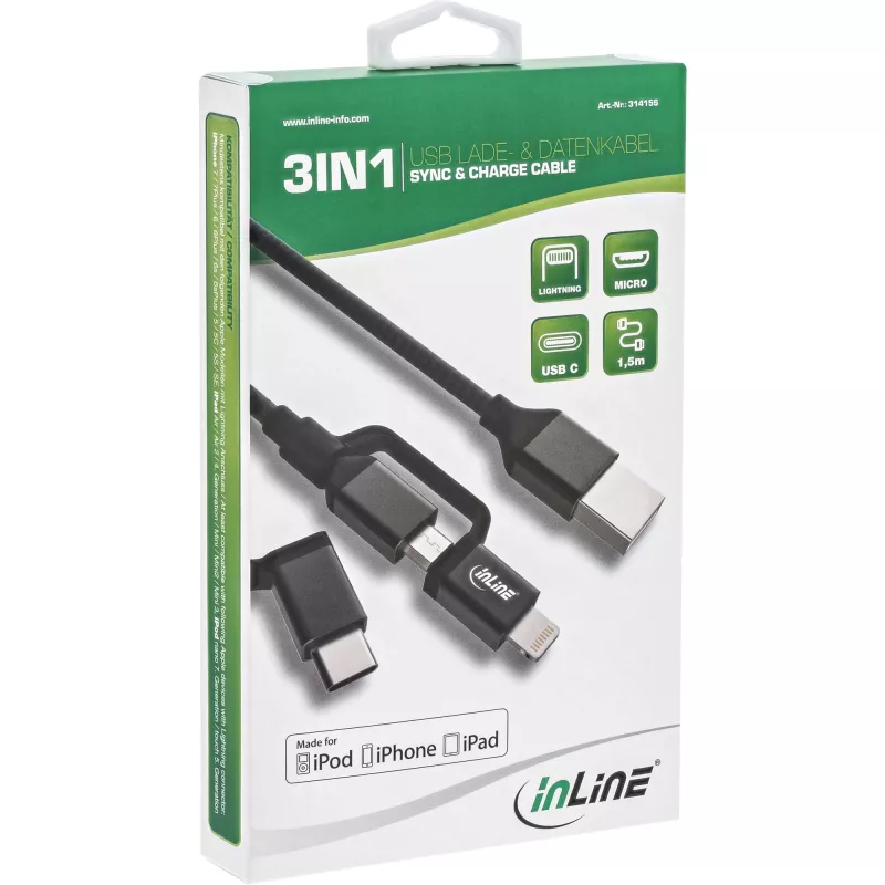 InLine 3-in-1 USB-kaabel, USB-A-pistik, Micro-USB+USB-C+Lightning, must/alumiinium