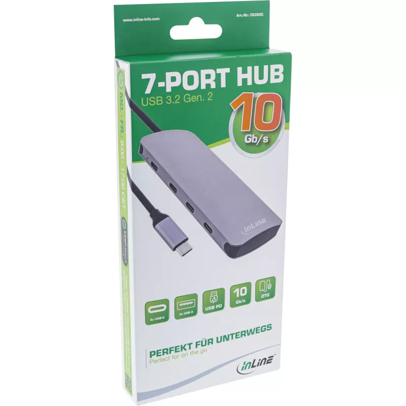 InLine USB 3.2 Gen.2 Hub, 4x USB-C + 3x USB-A, PD 100W, alumiinium, hall