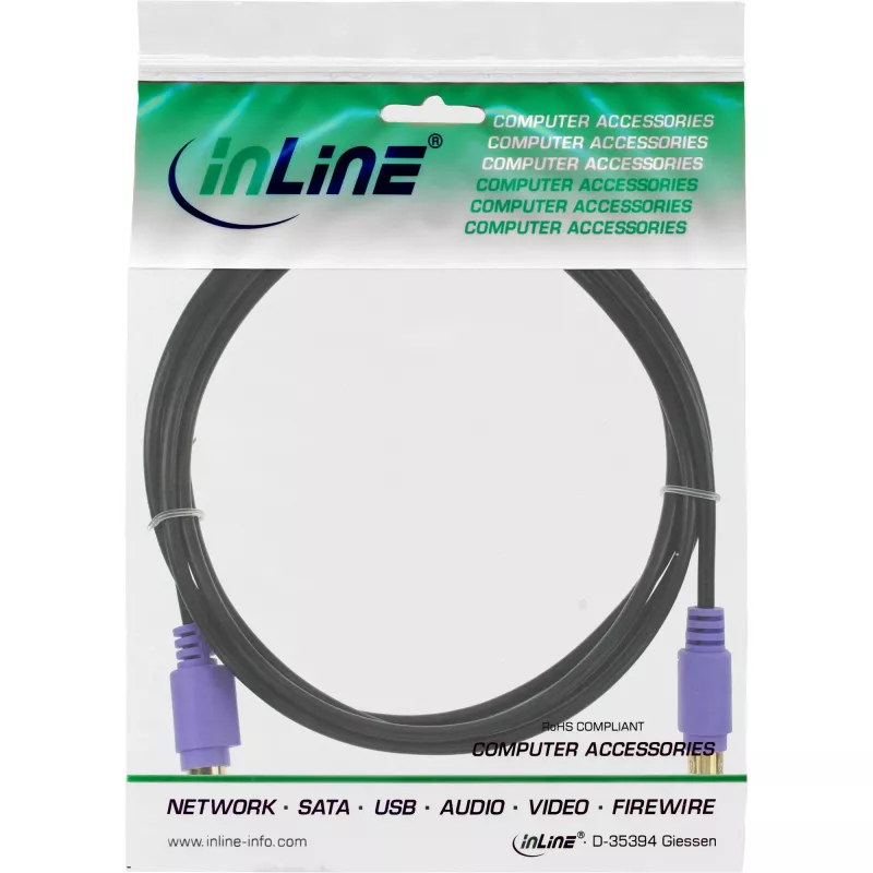 InLine PS/2 kaabel, , M/F, must/lilla, kullatud kontaktid, 2 m