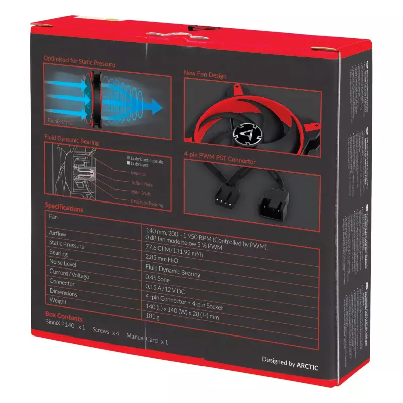 ARCTIC BioniX P140 (Punane) – Rõhuoptimeeritud 140 mm mänguventilaator PWM PST-ga