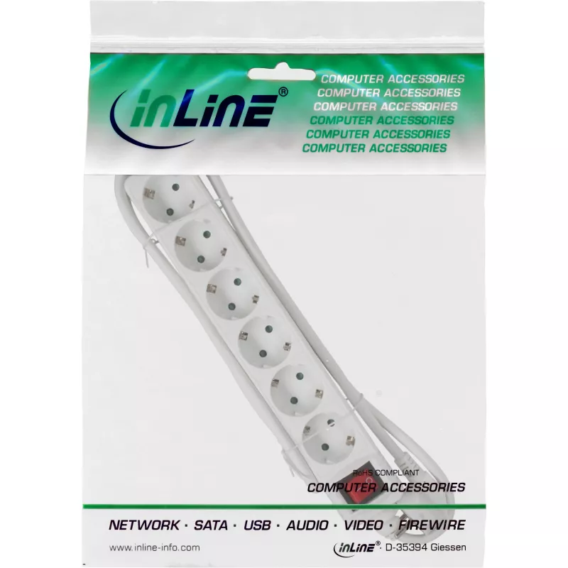 InLine pistikupesa riba, 6-kordne maanduskontakt CEE 7/3, valge, 3m