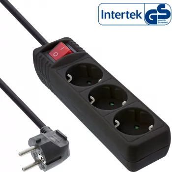InLine pistikupesapikendus, 3-kohaline maanduskontakt CEE 7/3, lülitiga, must, 5 m