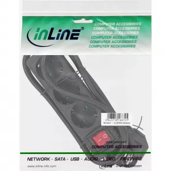 InLine pistikupesapikendus, 3-kohaline maanduskontakt CEE 7/3, lülitiga, must, 5 m