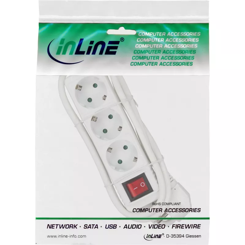 InLine pistikupesariba, 3-kohaline maanduskontakt CEE 7/3, lülitiga, valge, 5m