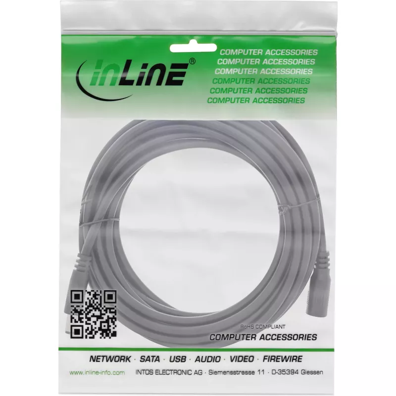 InLine alalisvoolu pikenduskaabel, DC isane/emane 5,5x2,5 mm, AWG 18, must 5 m