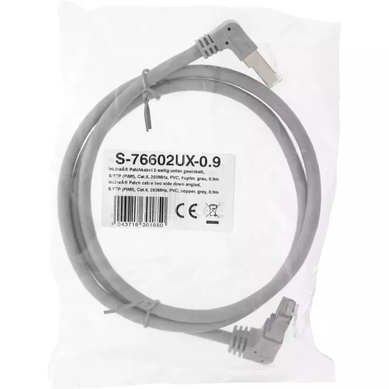InLine patch-kaabel, mõlemalt poolt allanurga pistik, S/FTP (PiMf), Cat.6, 250 MHz, PVC, vask, hall, 1,1 m
