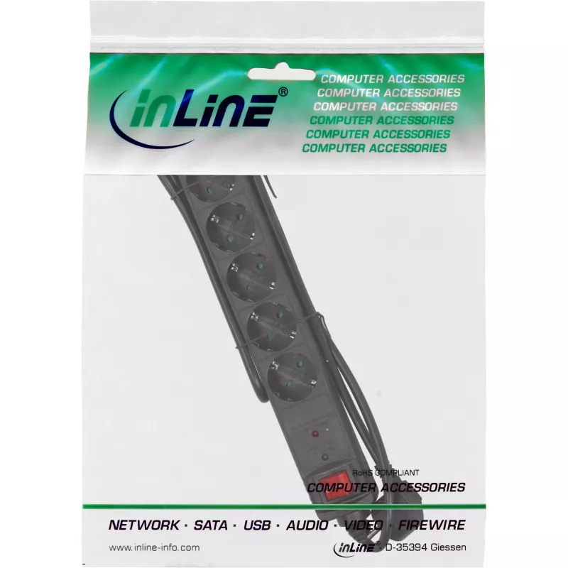 InLine pistikupesade riba CEE 7/3, 6-kohaline, liigpingekaitse, lüliti, must