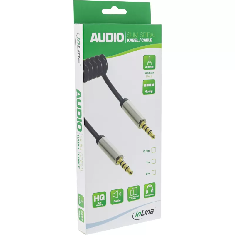 InLine õhuke Audio Spiral kaabel 3.5mm isane / isane 4-kontaktiline Stereo 1m