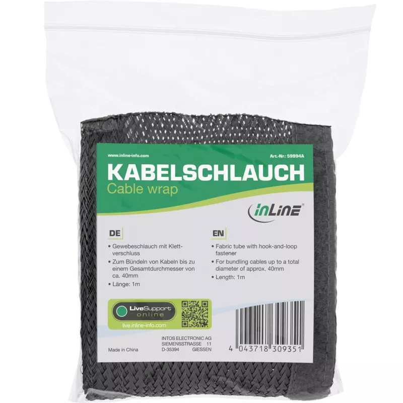 Kaablitoru InLine riidest hülss takjakinnitusega 1 m × 25 mm, must