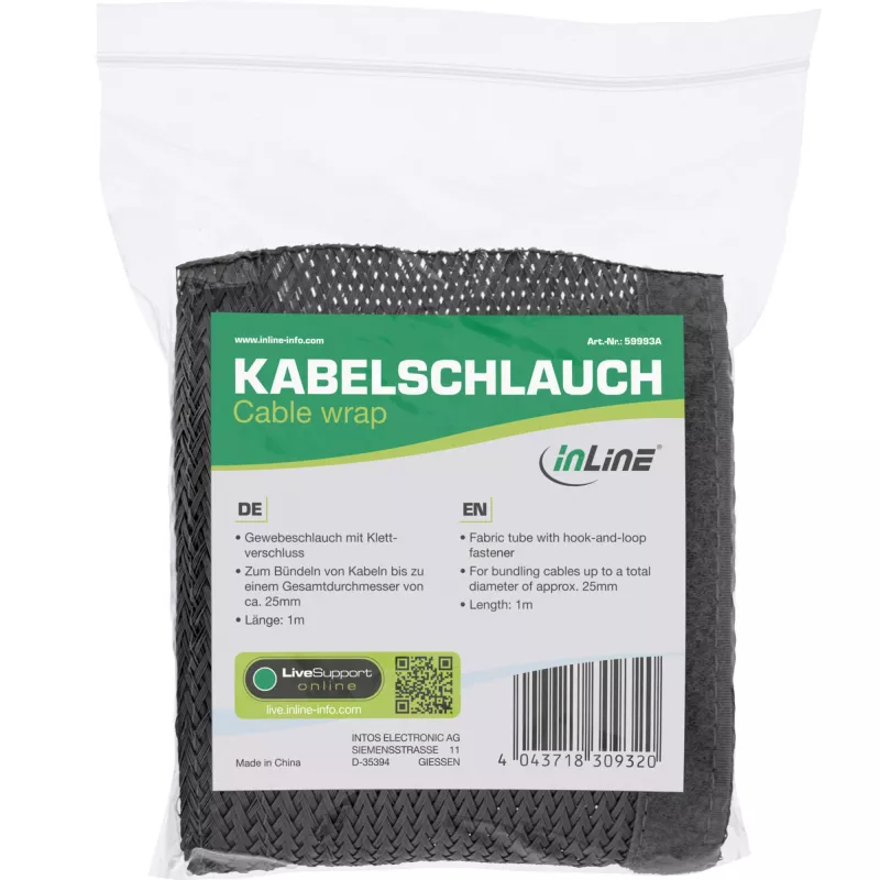 Kaablikaitsesukad InLine 59993A — kangast sukad takjakinnitusega, 1 m × 25 mm, must
