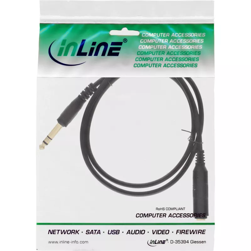 InLine Peakõrvaklappide pikenduskaabel 6,3 mm stereo M/E, kullatud, must, 3 m