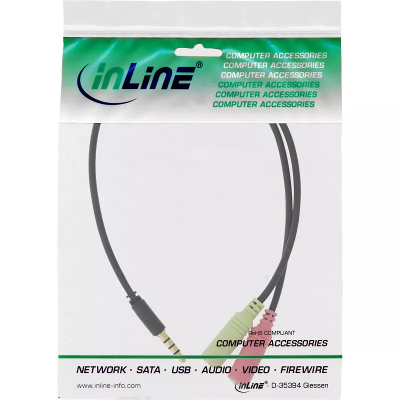 InLine Audio peatrahteri adapterkaabel 3,5 mm isane 4 kontaktiga / 2x 3,5 mm, must, 1 m