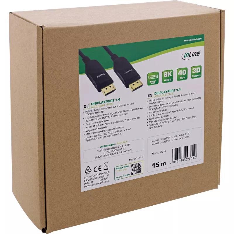 InLine DisplayPort 1.4 AOC kaabel, 8K4K, must, 15m
