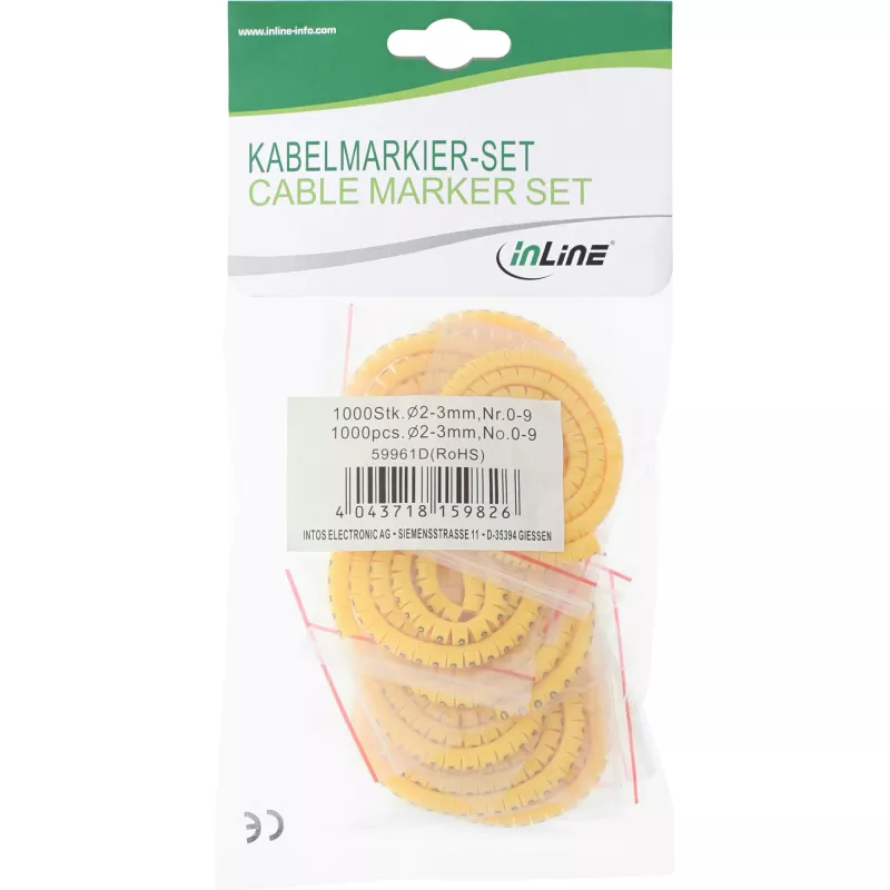 Kaablitähistustorud InLine 2–3 mm, numbriline 0–9, 1000 tk, kollane