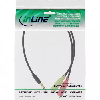 InLine helipeakomplekti adapterkaabel 3,5 mm isane 4 pin / 2x 3,5 mm, must, 0,15 m