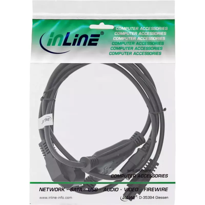InLine Y-toitekaabel CEE 7/7 isane nurga all / 3 kontaktiga IEC C13 ja C5 isane, 2 m