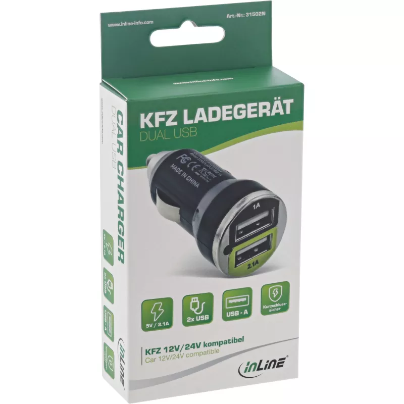 InLine USB autolaadija + toiteadapter mis tahes USB-seadmele 12/24V kuni 5V DC/2,1A