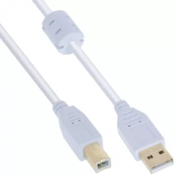 InLine USB 2.0 kaabel A-tüüpi isane / B-tüüpi isane, kullatud, ferriidiga, valge, 10 m