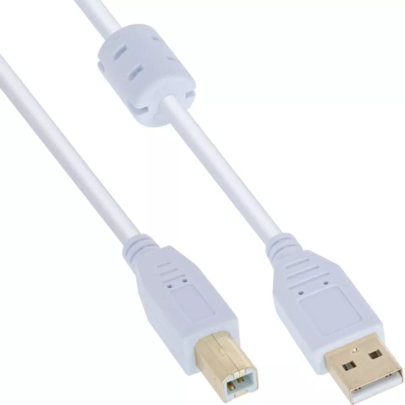 InLine USB 2.0 kaabel A-tüüpi isane / B-tüüpi isane, kullatud, ferriidiga, valge, 10 m