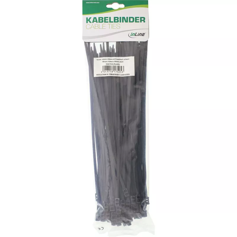Kaablisidemed InLine kinnitatav kahepealine 300 mm x 4,8 mm, nailon, must, 100 tk