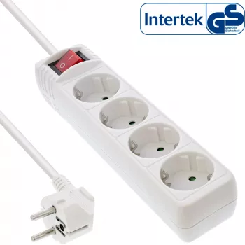 InLine pistikupesa, 4-kohaline maanduskontakt CEE 7/3, lülitiga, valge, 1,5 m