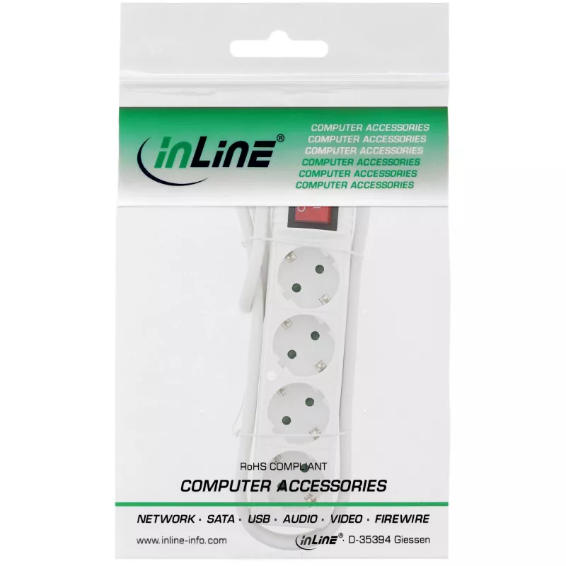 InLine pistikupesa, 4-kohaline maanduskontakt CEE 7/3, lülitiga, valge, 1,5 m