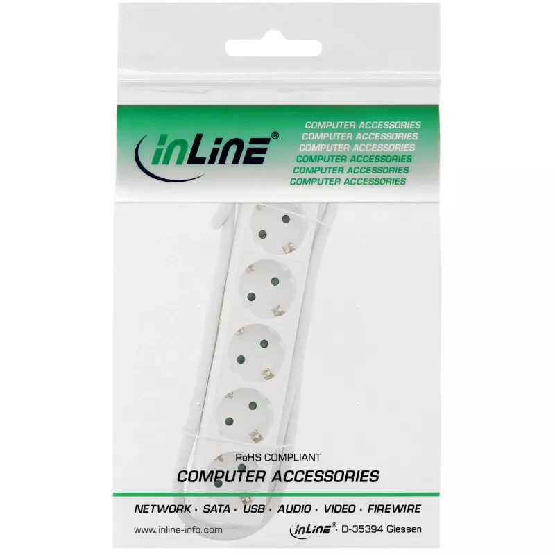 InLine pistikupesa riba, 5-kohaline maanduskontakt CEE 7/3, valge, 1,5 m
