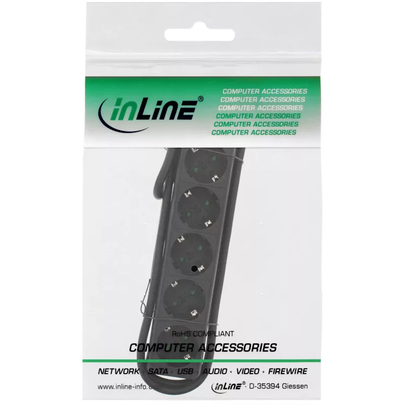 InLine pistikupesade riba, 5-poolne maanduskontaktiga CEE 7/3, must, 1,5 m