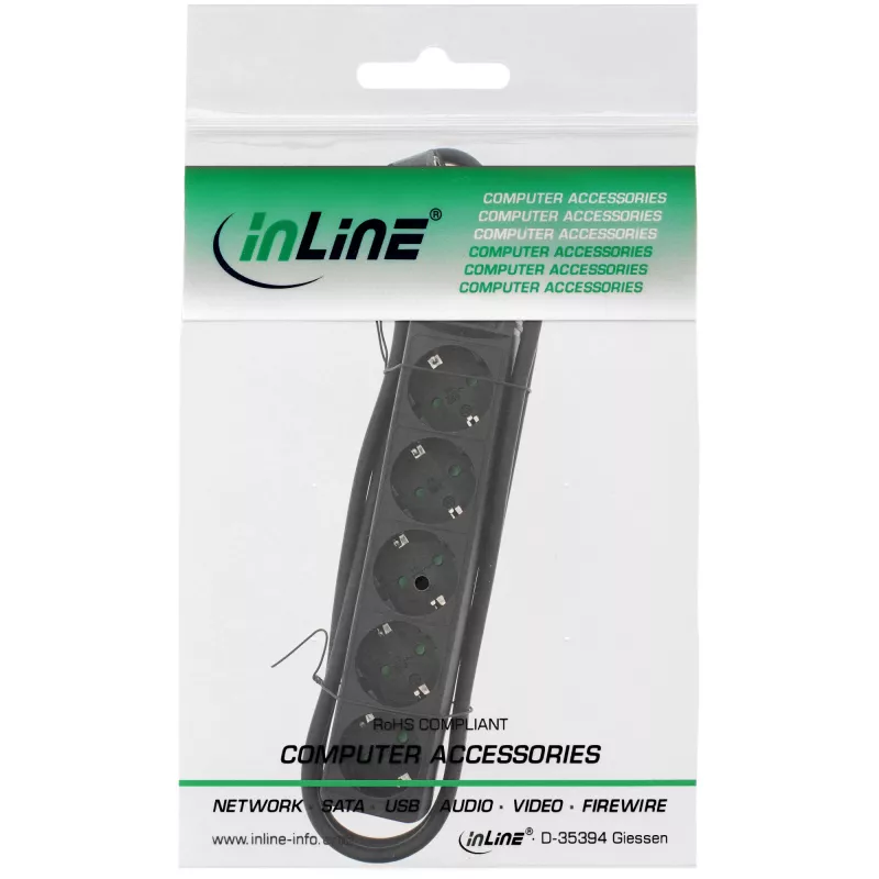 InLine pistikupesa riba, 5-kohaline maanduskontaktiga CEE 7/3, must, 1,5 m