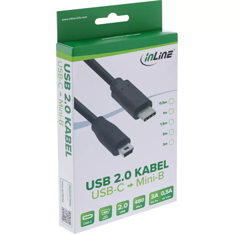 InLine USB 2.0 kaabel, USB-C isane / mini-B-pistik (5pin), must, 1m
