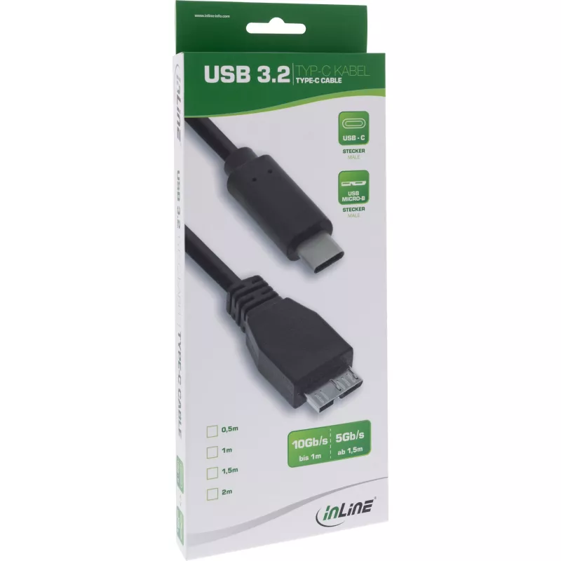 InLine USB 3.2 Gen.1x2 kaabel, USB-C isane / Micro-B-pistik, must, 1,5 m