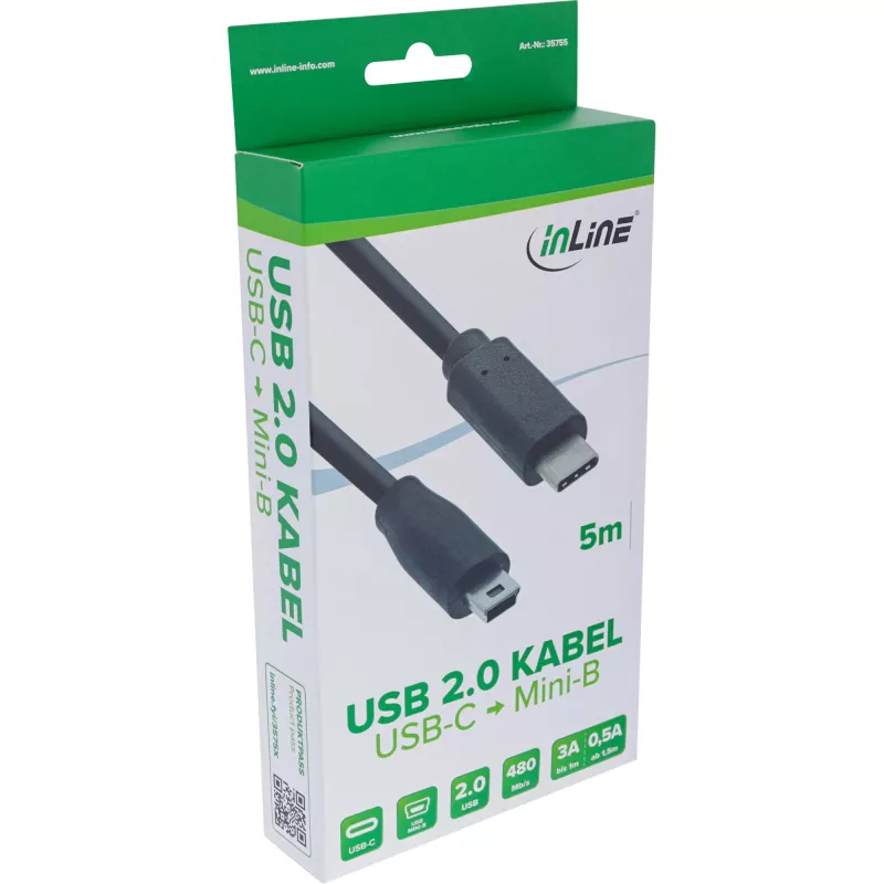 InLine USB 2.0 kaabel, USB-C isane / mini-B isane (5pin), must, 5m