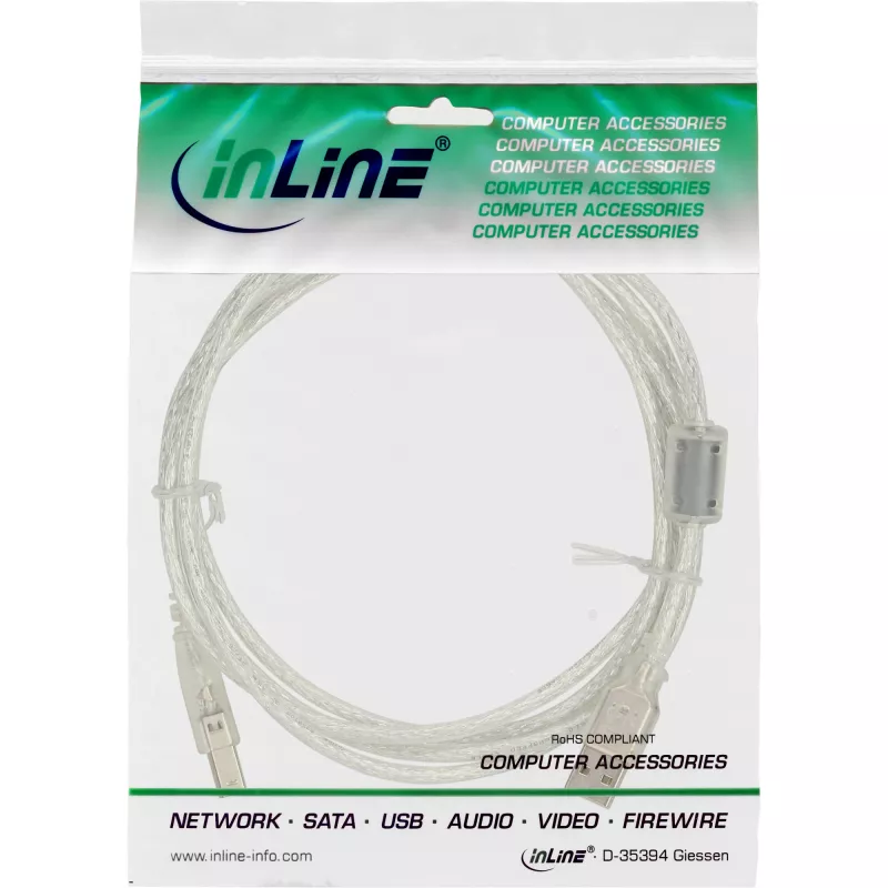 InLine USB 2.0 kaabel A-tüüpi isane / B-tüüpi isane läbipaistev, ferriitsüdamik, 3m
