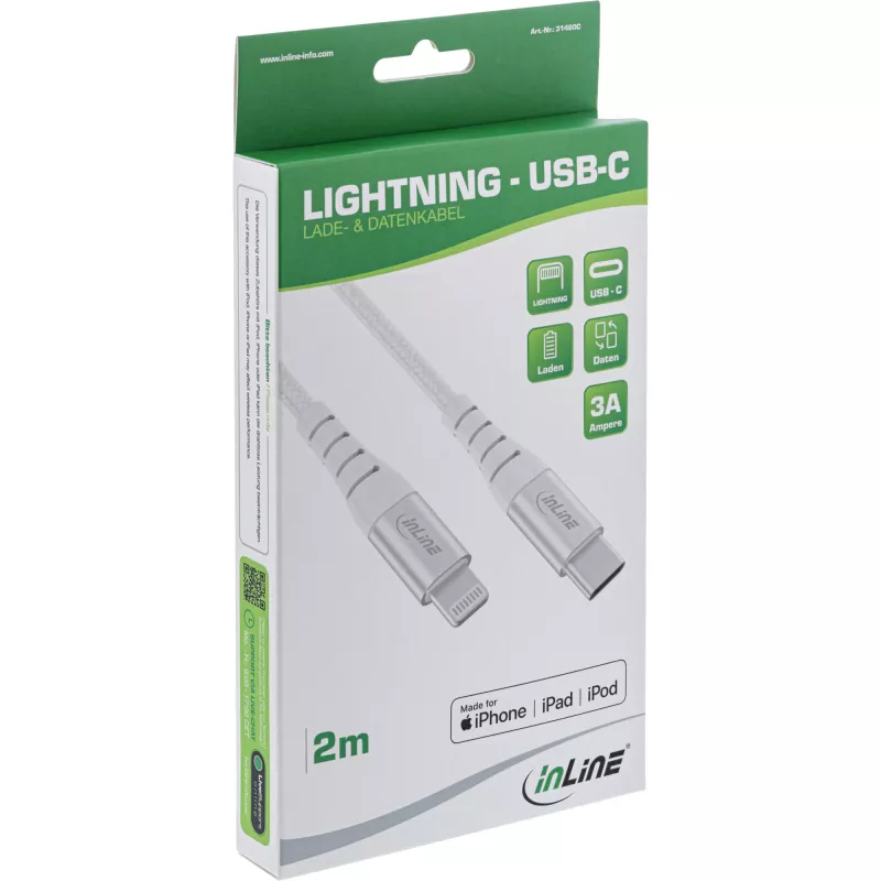 InLine USB-C Lightning kaabel, iPadile, iPhone'ile, iPodile, hõbedane/alumiinium, 2m