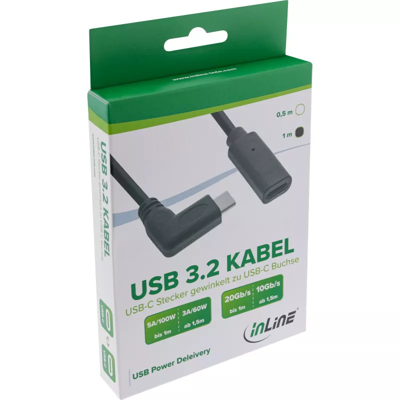 InLine USB 3.2 Gen.1x2 kaabel, USB-C isane nurga all / emane, must, 1m