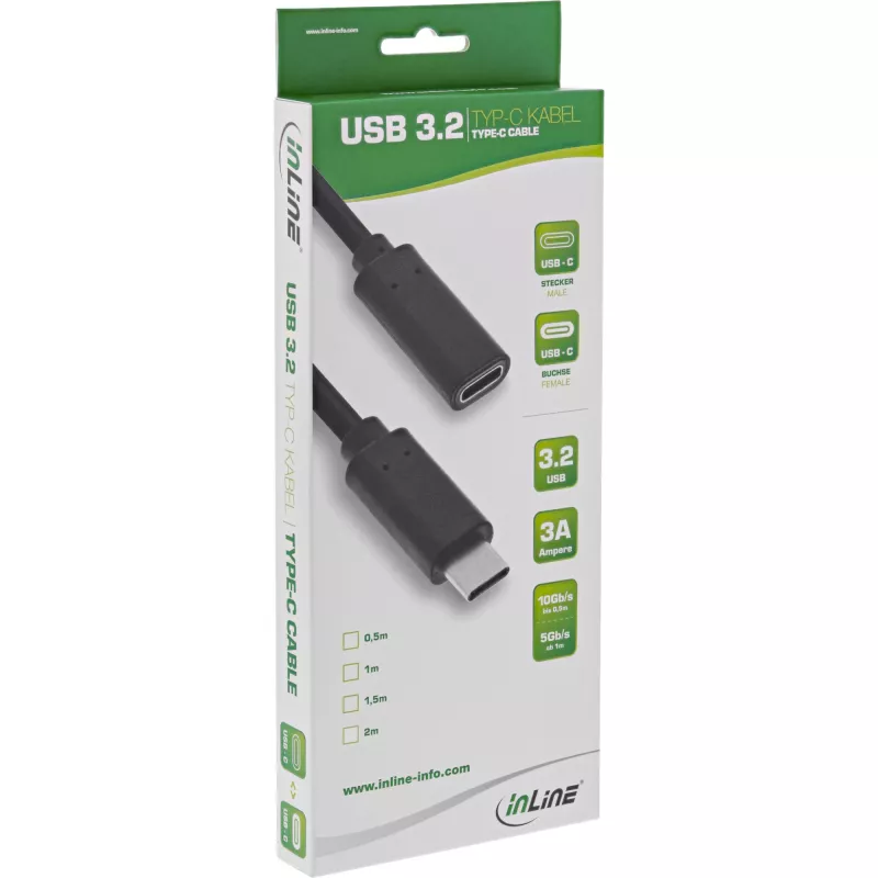InLine USB 3.2 Gen.1x2 pikenduskaabel, USB-C isane/emane, must, 1,5 m