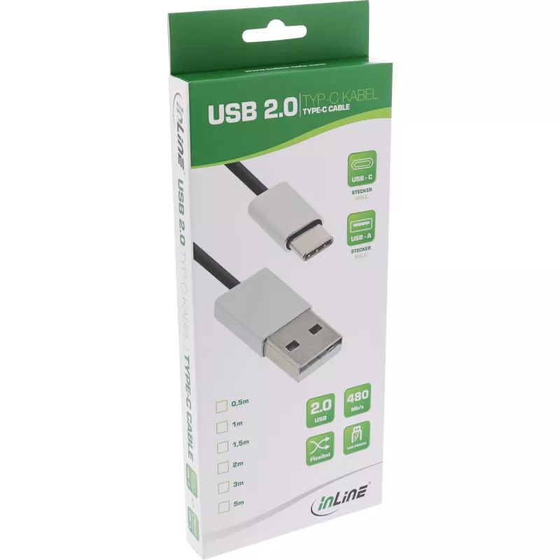 InLine USB 2.0 kaabel, USB-C isane / USB-A-pistik, must/alu, painduv, 5m