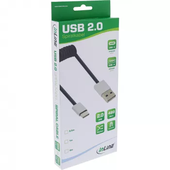 InLine USB 2.0 spiraalkaabel, USB-C isane / USB-A-pistik, must/alu, painduv, 0,5 m