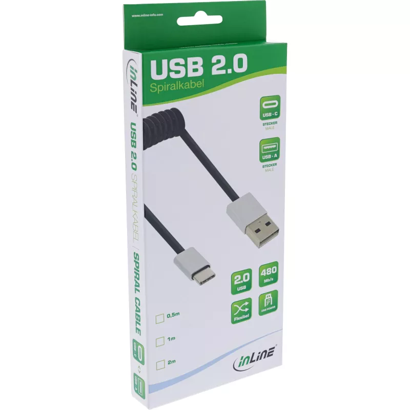 InLine USB 2.0 spiraalkaabel, USB-C isane / USB-A-pistik, must/alu, painduv, 0,5 m
