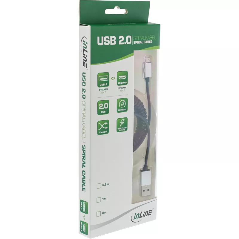 InLine Micro-USB 2.0 spiraalkaabel, tüüp A/Micro-B M/M, must/alu, painduv 3 m