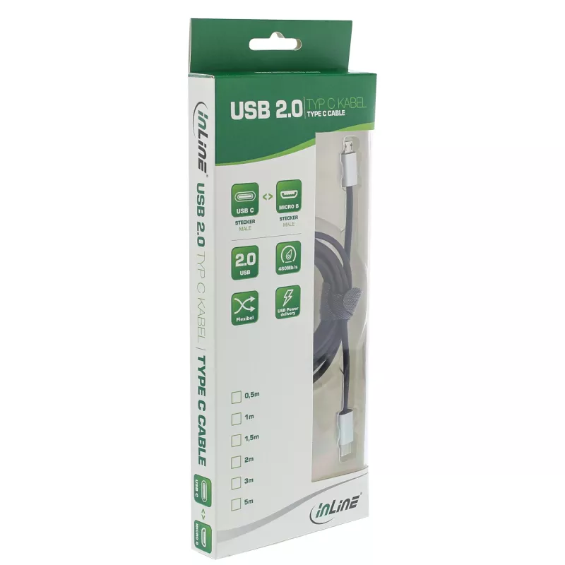 InLine USB 2.0 kaabel, USB-C isane / Micro-B-pistik, must/alu, paindlik, 1,5 m