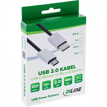 InLine USB 2.0 kaabel, USB-C isane / Micro-B-pistik, must/alu, paindlik, 0,5 m