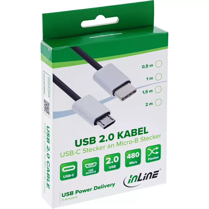 InLine USB 2.0 kaabel, USB-C isane / Micro-B-pistik, must/alu, paindlik, 0,5 m