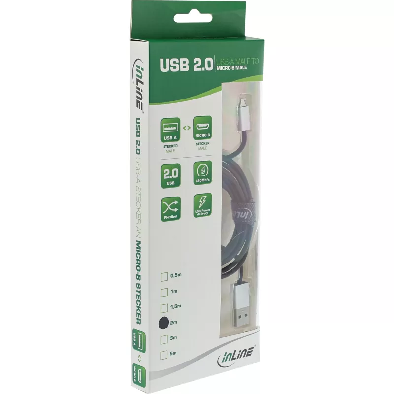 InLine Micro-USB 2.0 kaabel, USB tüüp A / Micro B M/M, must/alu, painduv, 5 m