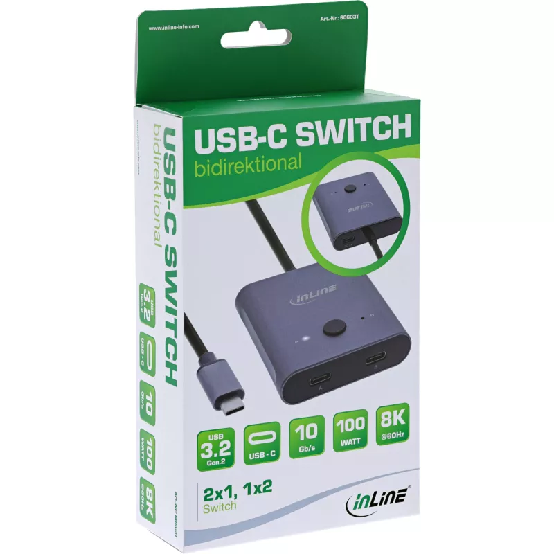 InLine USB-C-lüliti, kahesuunaline lüliti, 10 Gb/s, 100 W