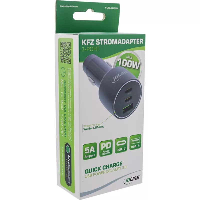 InLine USB autolaadur Power Delivery, 2x USB-C + QC USB-A, must