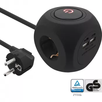 InLine laadimiskuubik InLine 16499B 3x maanduskontakt 2x USB-C 2x USB-A must 2m