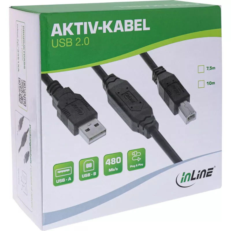 InLine USB 2.0 aktiivkaabel, USB-A isane USB-B isasele, 7,5 m