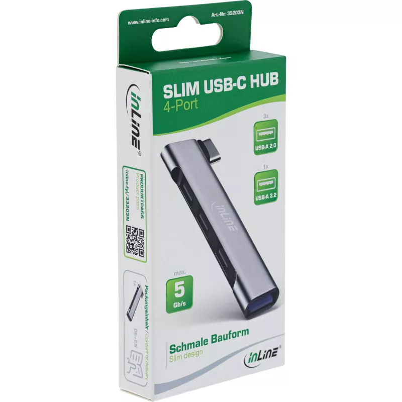 InLine õhuke USB-C jaotur, 4 pordiga, USB 3.0 + 3x USB 2.0, õhuke disain