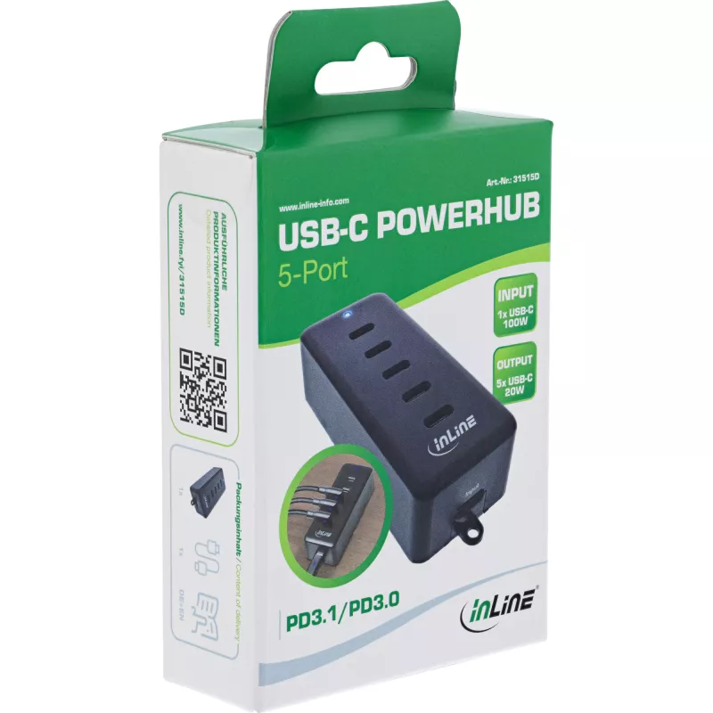 InLine USB-C pikendus 5-pordiline 100W siseruumide laadija universaalne ühilduvus
